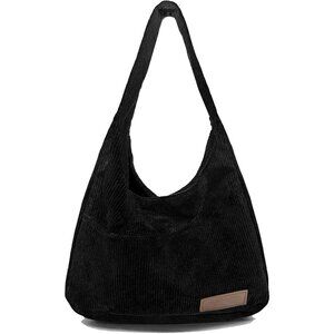 Chic Black Corduroy Hobo Bag with Wide Strap - Lightweight & Practical Design